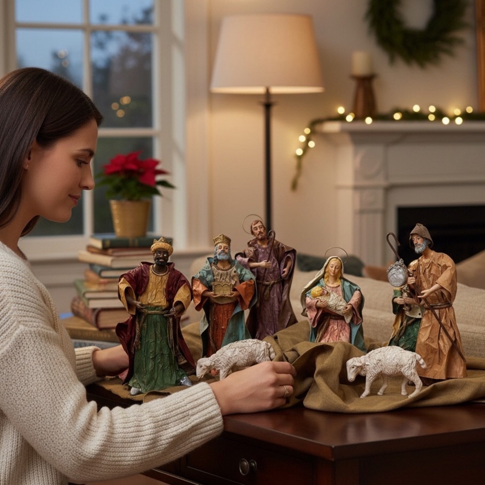 Nativity Scene Vintage 8-Pc Paper Mache Multi-Color Christmas/Holiday Decor EUC